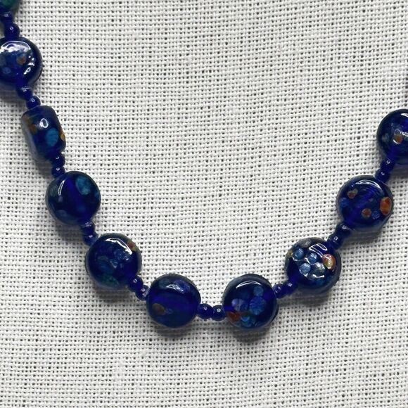 Art Glass Necklace Cobalt Blue Speckled Pressed Disc Style and Seed Beads 20" - Picture 9 of 10